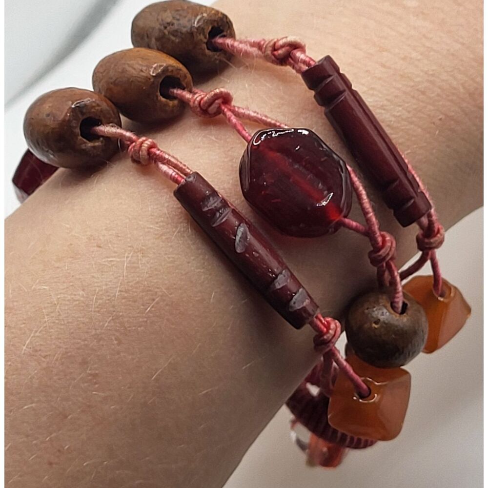 Multi-strand Carnelian Wood Beaded Bracelet Anklet Red cord 9in - Picture 2 of 6
